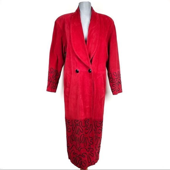 VINTAGE Danier Suede Red Full Length Long Trench Coat - Picture 2 of 16